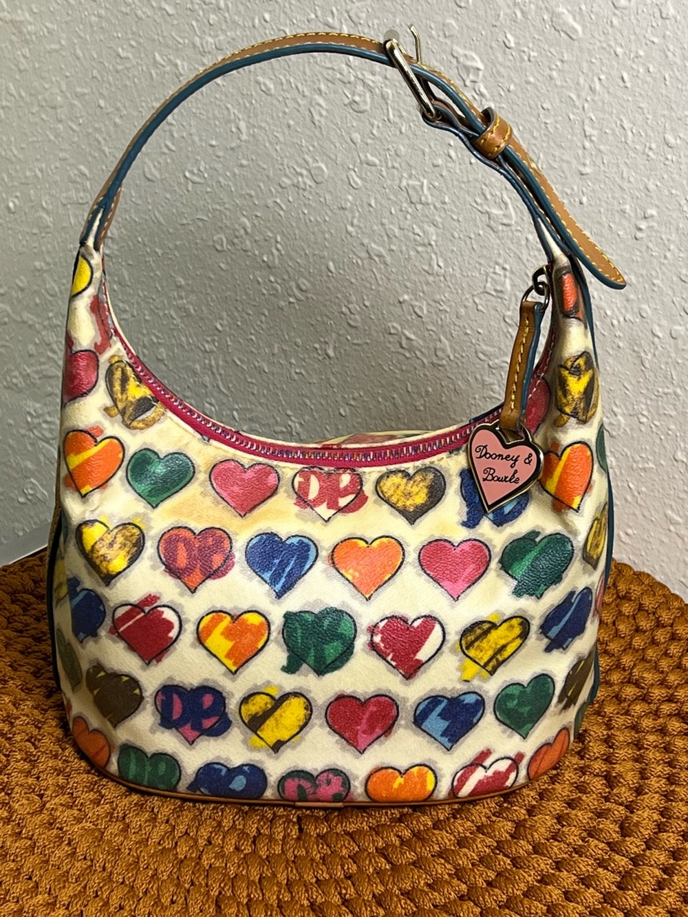 Dooney & Bourke Cream Multicolor Heart-Print Shoulder Bag Y2K Small